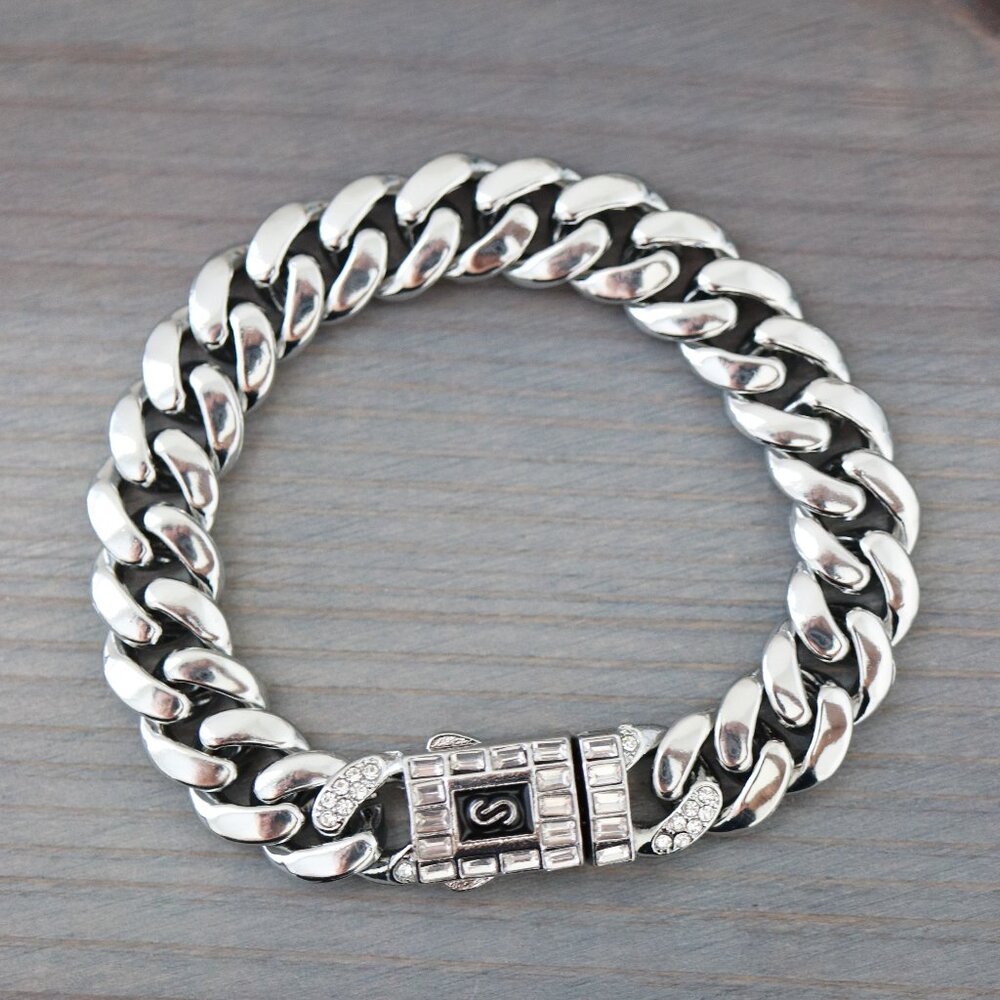 12mm 8inches Miami Cuban with CZ Diamond Chain Bracelet Silver with Triple Lock